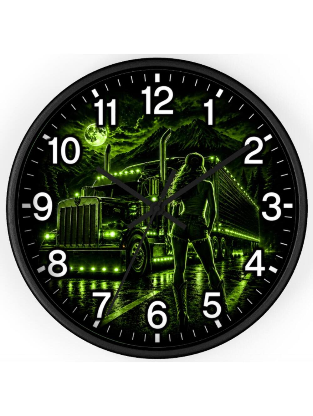 PETERBILT STYLE SEMI TRUCK WALL CLOCK GLOW GREEN TRUCKER DECOR